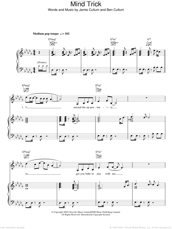 Mind Trick sheet music for voice, piano or guitar by Jamie Cullum and Ben Cullum, intermediate skill level