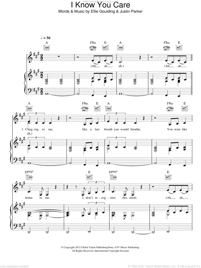 I Know You Care sheet music for voice, piano or guitar by Ellie Goulding and Justin Parker, intermediate skill level