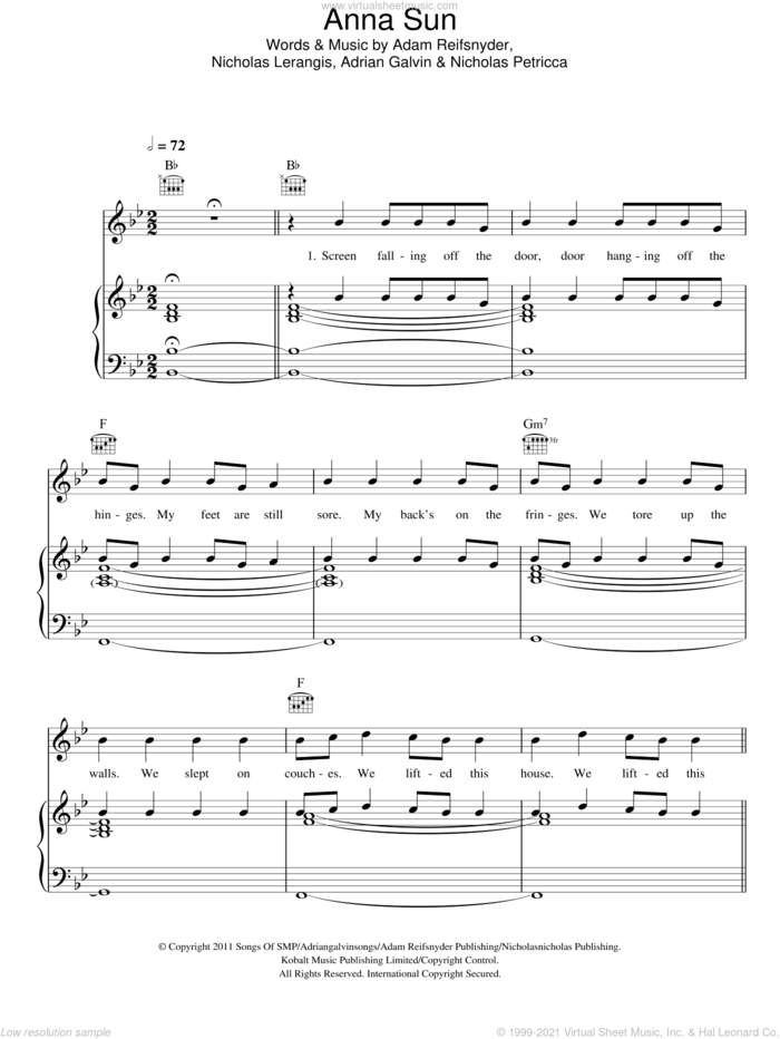 Anna Sun sheet music for voice, piano or guitar by Walk The Moon, Adam Reifsnyder, Adrian Galvin, Nicholas Lerangis and Nicholas Petricca, intermediate skill level