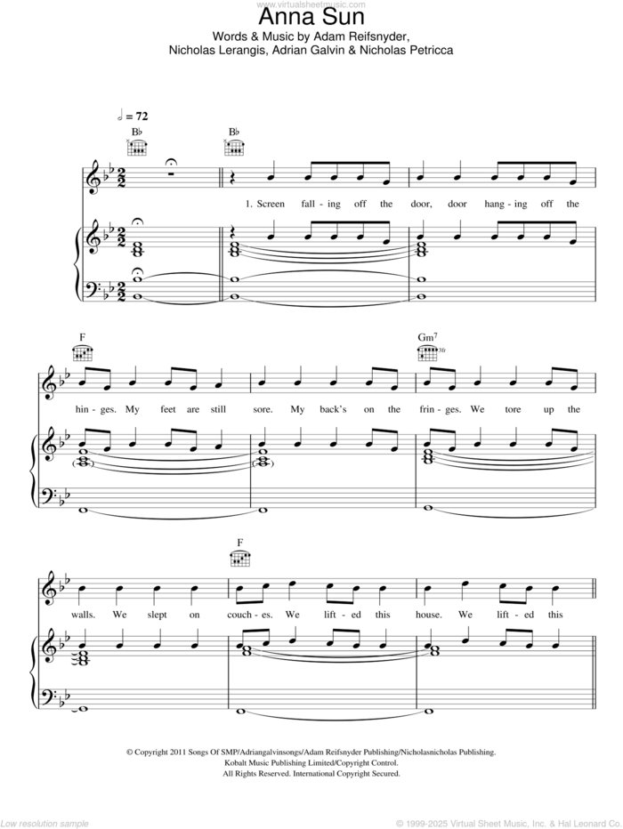 Anna Sun sheet music for voice, piano or guitar by Walk The Moon, Adam Reifsnyder, Adrian Galvin, Nicholas Lerangis and Nicholas Petricca, intermediate skill level