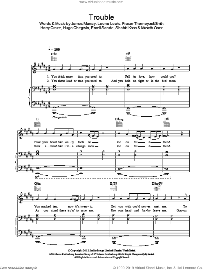 Trouble (piano acoustic version) sheet music for voice, piano or guitar by Leona Lewis, Emeli Sande, Fraser Thorneycroft-Smith, Harry Craze, Hugo Chegwin, James Murray, Mustafa Omar and Shahid Khan, intermediate skill level