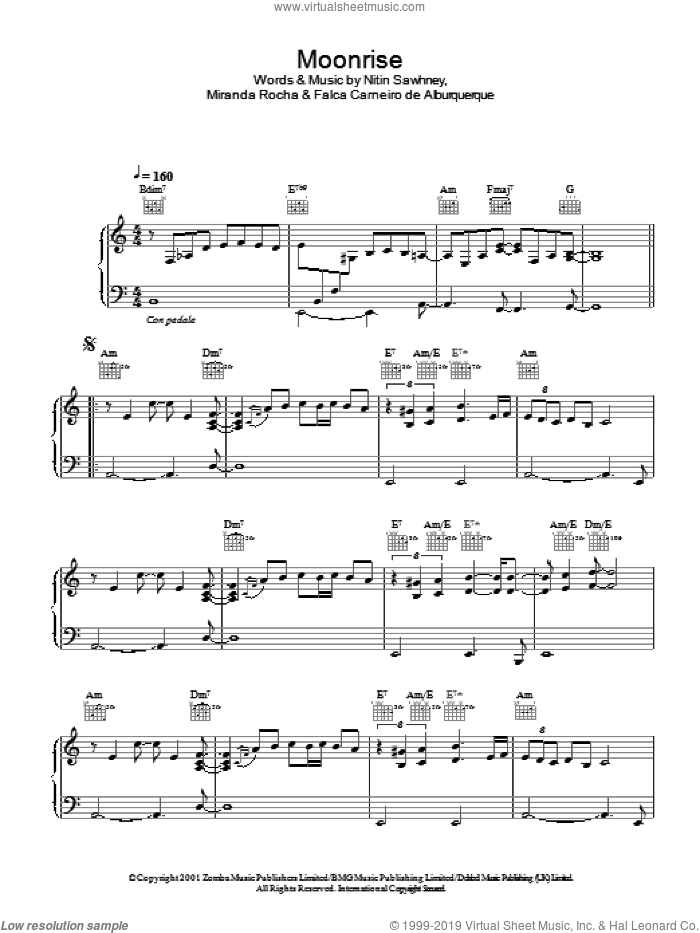 Moonrise sheet music for piano solo by Nitin Sawhney, Falca Carneiro de Alburquerque and Miranda Rocha, intermediate skill level