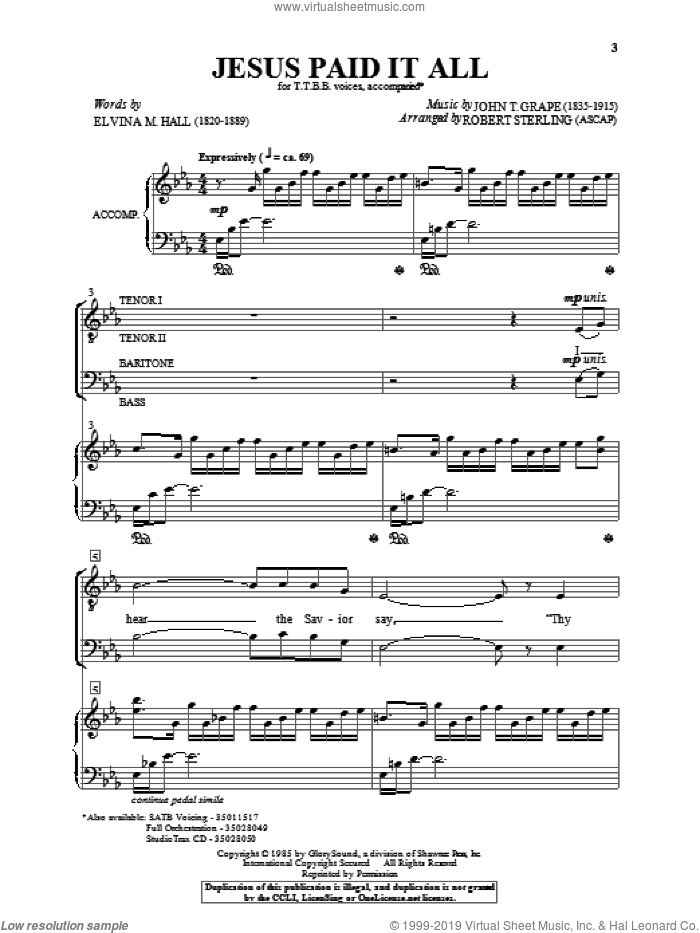 Jesus Paid It All sheet music for choir (TTBB: tenor, bass) by Robert Sterling, intermediate skill level