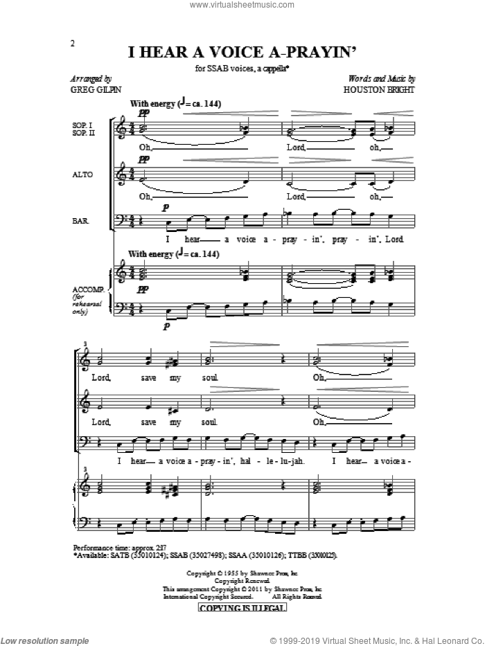 I Hear A Voice A-Prayin' sheet music for choir (SATB: soprano, alto, tenor, bass) by Houston Bright and Greg Gilpin, intermediate skill level