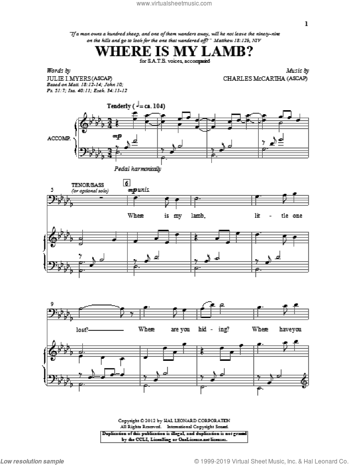 Where Is My Lamb? sheet music for choir (SATB: soprano, alto, tenor, bass) by Charles McCartha and Julie Myers, intermediate skill level