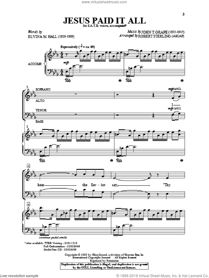 Jesus Paid It All sheet music for choir (SATB: soprano, alto, tenor, bass) by Robert Sterling, intermediate skill level