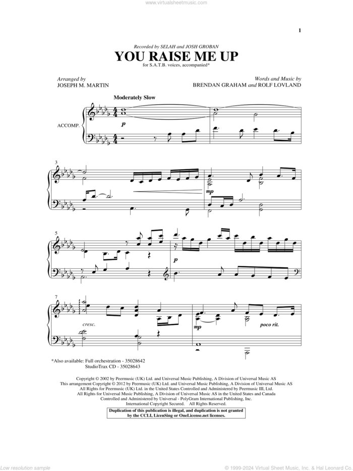 You Raise Me Up (arr. Joseph M. Martin) sheet music for choir (SATB: soprano, alto, tenor, bass) by Brendan Graham, Joseph  M. Martin, Josh Groban, Rolf Lovland and Joseph M. Martin, wedding score, intermediate skill level