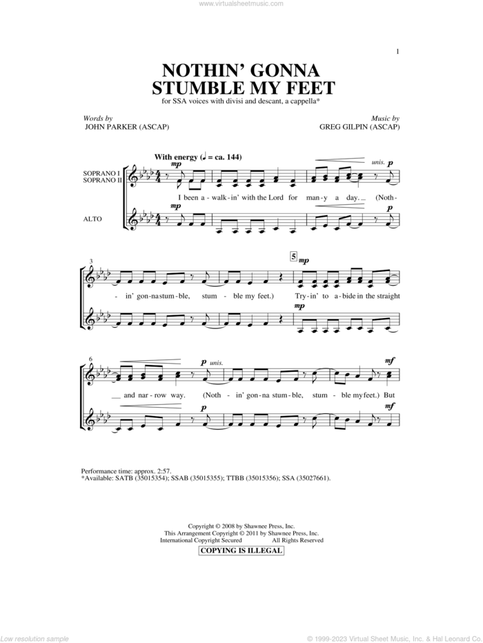 Nothin' Gonna Stumble My Feet sheet music for choir (SSA: soprano, alto) by Greg Gilpin and John Parker, intermediate skill level