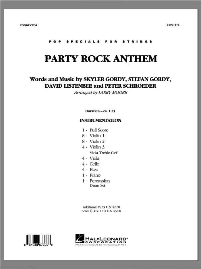 Party Rock Anthem (COMPLETE) sheet music for orchestra by Larry Moore and LMFAO, intermediate skill level
