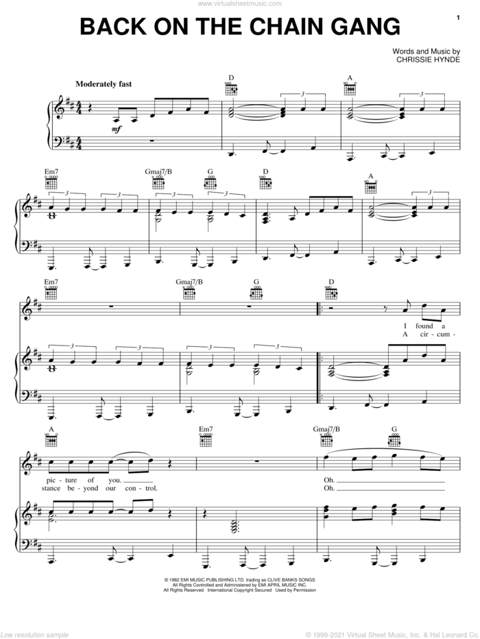 Back On The Chain Gang sheet music for voice, piano or guitar by The Pretenders and Chrissie Hynde, intermediate skill level