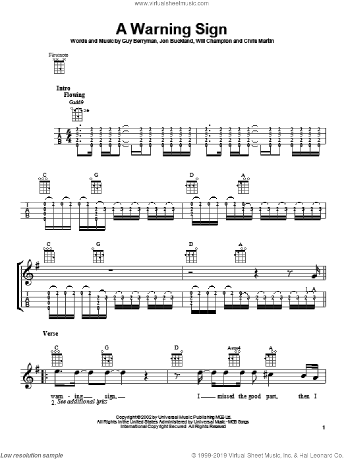 A Warning Sign sheet music for ukulele by Coldplay, Chris Martin, Guy Berryman, Jon Buckland and Will Champion, intermediate skill level