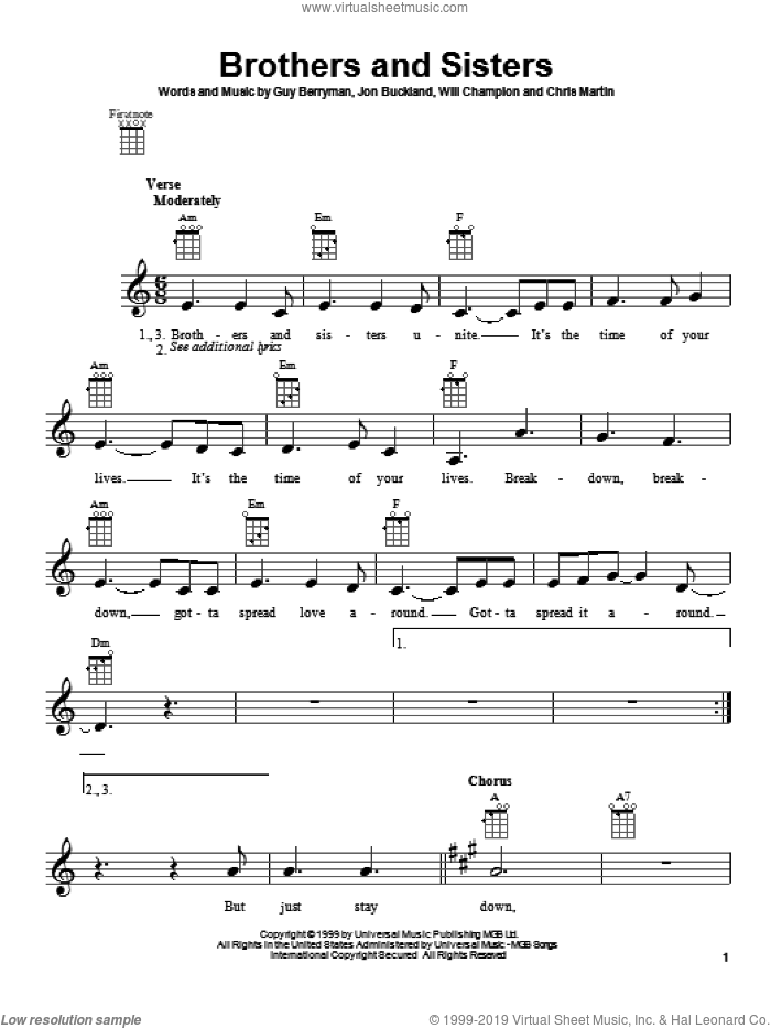 Brothers And Sisters sheet music for ukulele by Coldplay, Chris Martin, Guy Berryman, Jon Buckland and Will Champion, intermediate skill level
