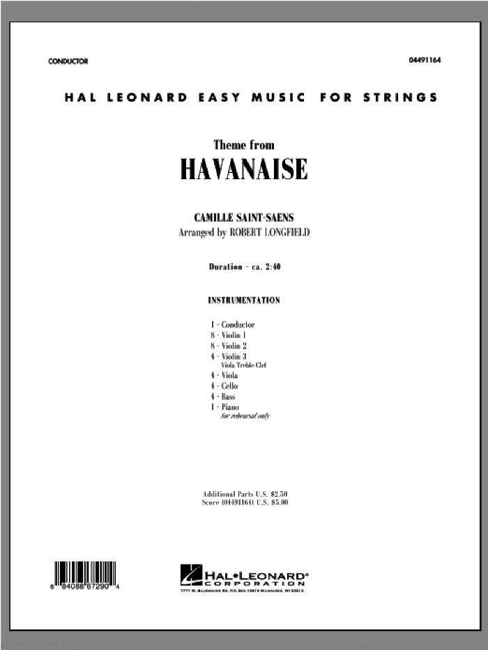 Theme From Havanaise (COMPLETE) sheet music for orchestra by Camille Saint-Saens and Robert Longfield, classical score, intermediate skill level
