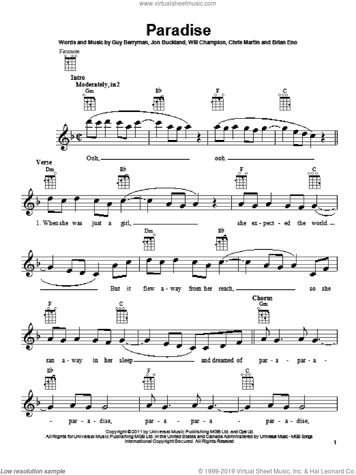 Paradise sheet music for ukulele by Coldplay, intermediate skill level
