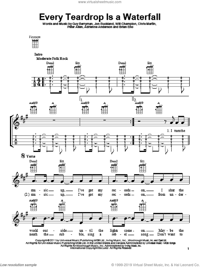 Every Teardrop Is A Waterfall sheet music for ukulele by Coldplay, intermediate skill level