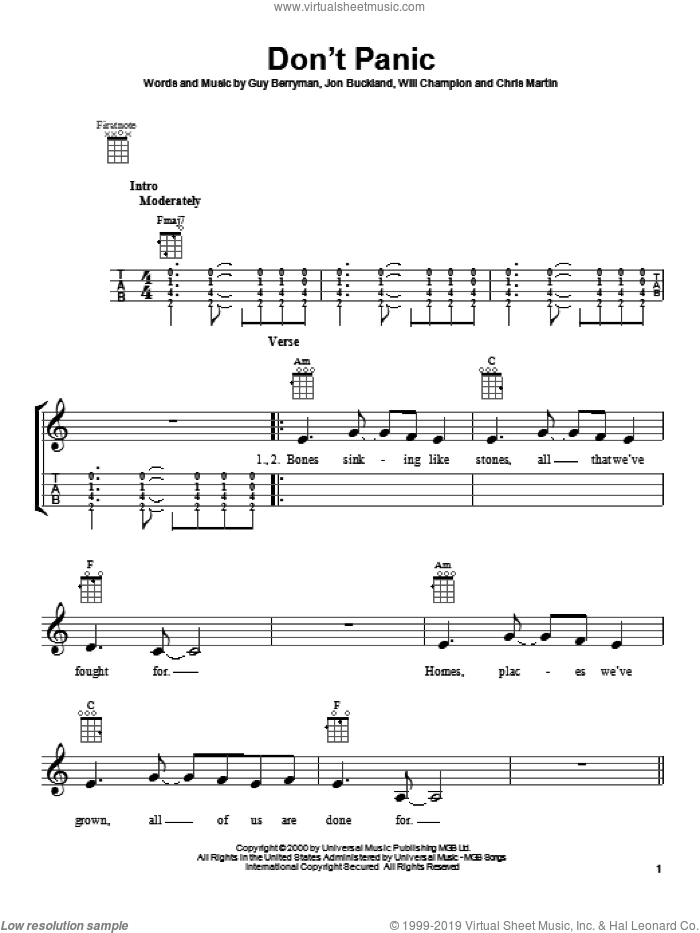 Don't Panic sheet music for ukulele by Coldplay, intermediate skill level