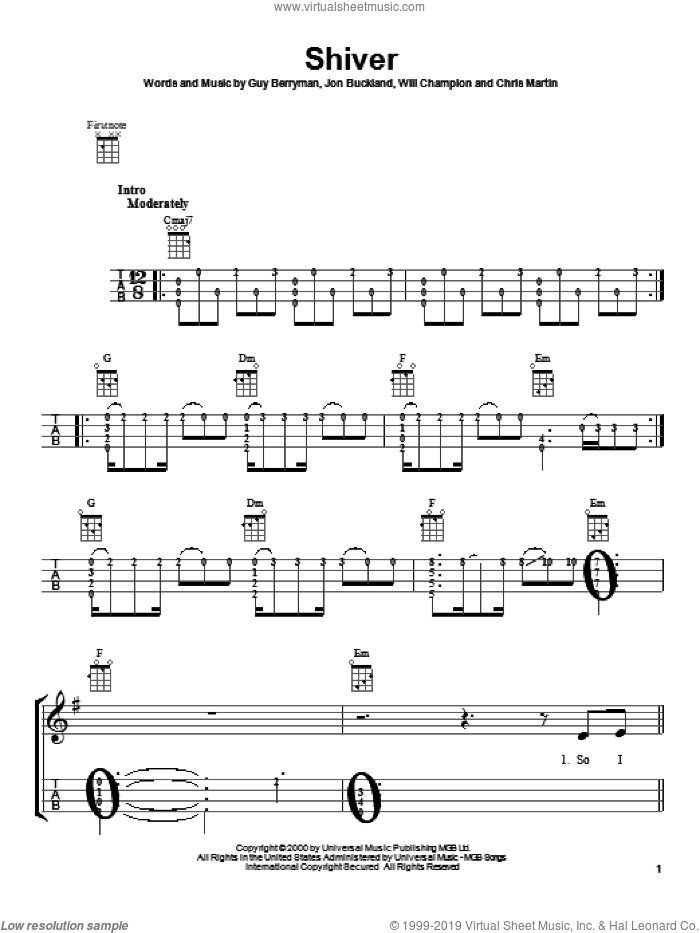 Shiver sheet music for ukulele by Coldplay, intermediate skill level