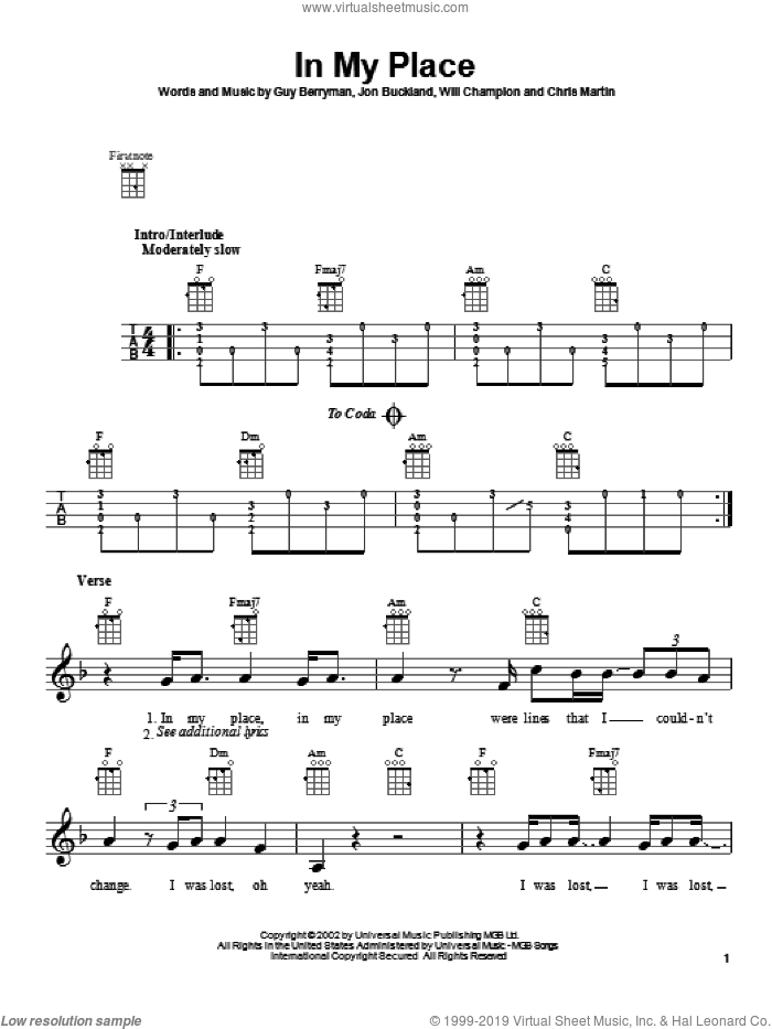 In My Place sheet music for ukulele by Coldplay, intermediate skill level