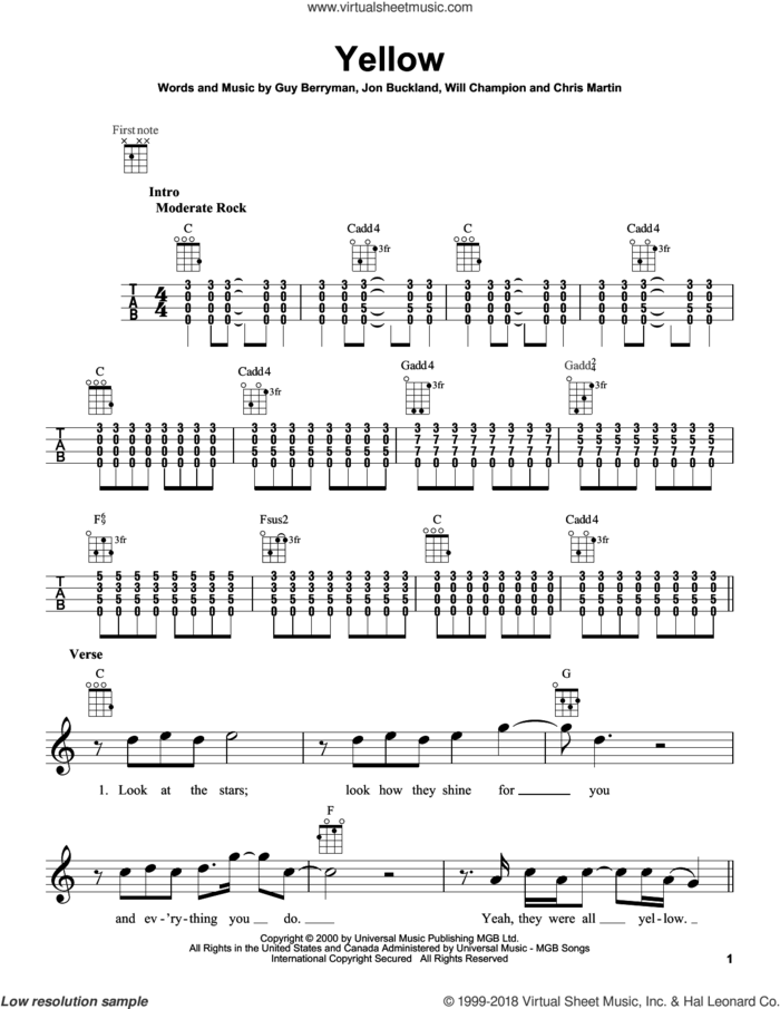 Yellow sheet music for ukulele by Coldplay, intermediate skill level