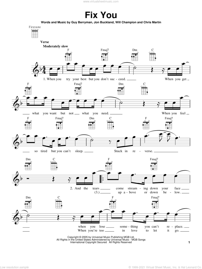 Fix You sheet music for ukulele by Coldplay, intermediate skill level