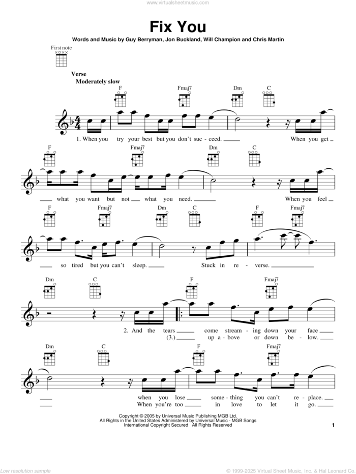 Fix You sheet music for ukulele by Coldplay, intermediate skill level