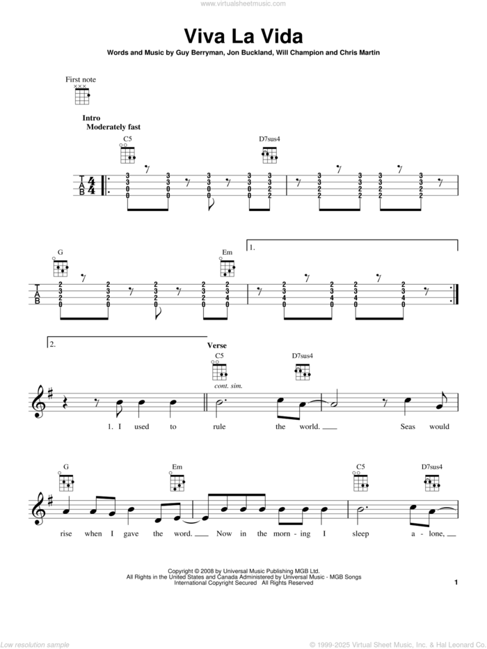 Viva La Vida sheet music for ukulele by Coldplay, intermediate skill level