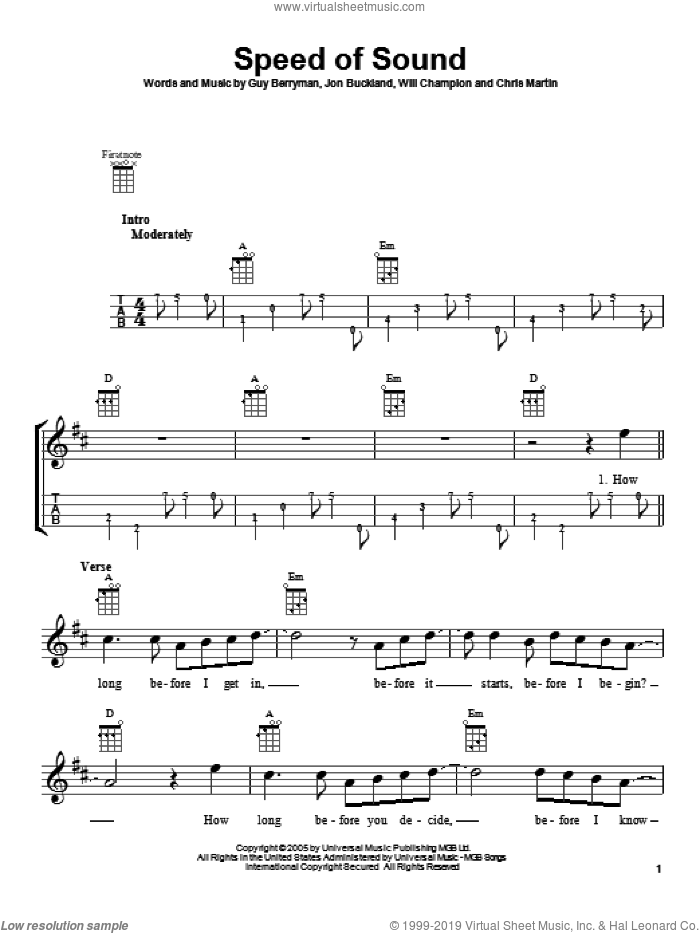 Speed Of Sound sheet music for ukulele by Coldplay, intermediate skill level