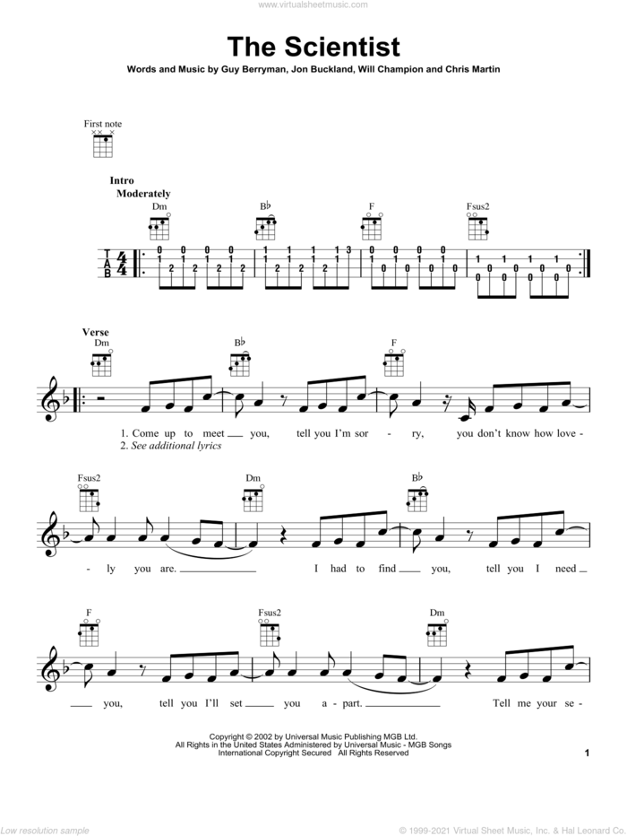 The Scientist sheet music for ukulele by Coldplay, intermediate skill level