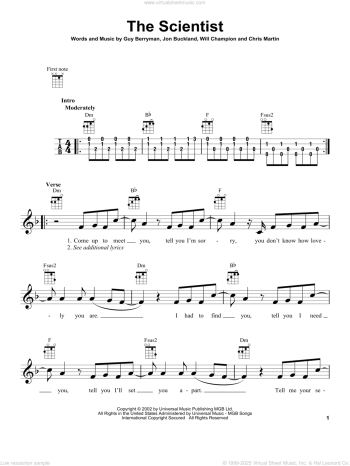 The Scientist sheet music for ukulele by Coldplay, intermediate skill level