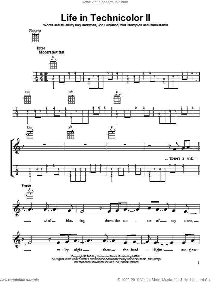 Life In Technicolor II sheet music for ukulele by Coldplay, intermediate skill level