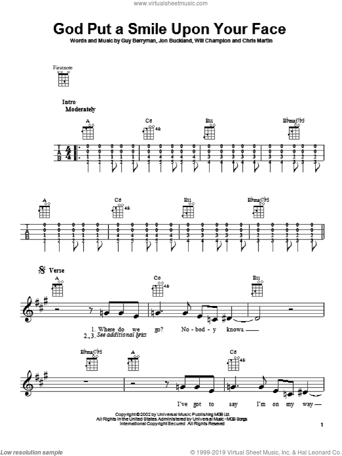 God Put A Smile Upon Your Face sheet music for ukulele by Coldplay, intermediate skill level