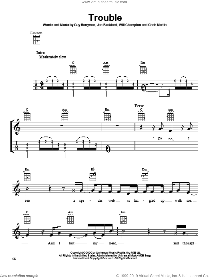 Trouble sheet music for ukulele by Coldplay, intermediate skill level