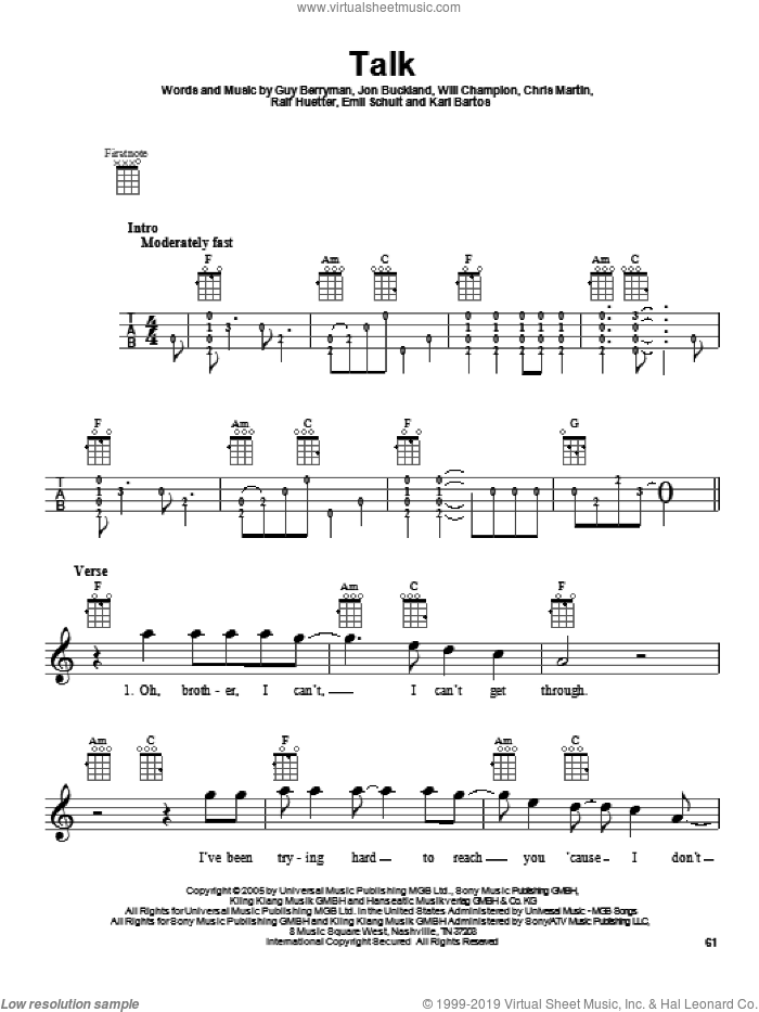 Talk sheet music for ukulele by Coldplay, intermediate skill level