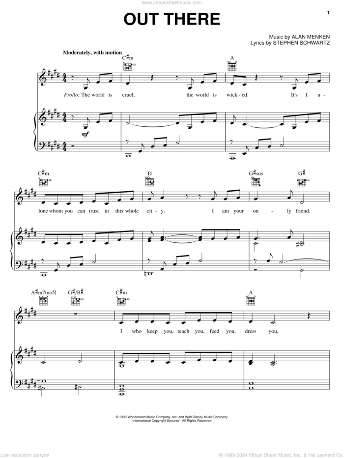 Out There (from Disney's The Hunchback of Notre Dame) sheet music for voice, piano or guitar by Alan Menken, Alan Menken & Stephen Schwartz and Stephen Schwartz, intermediate skill level