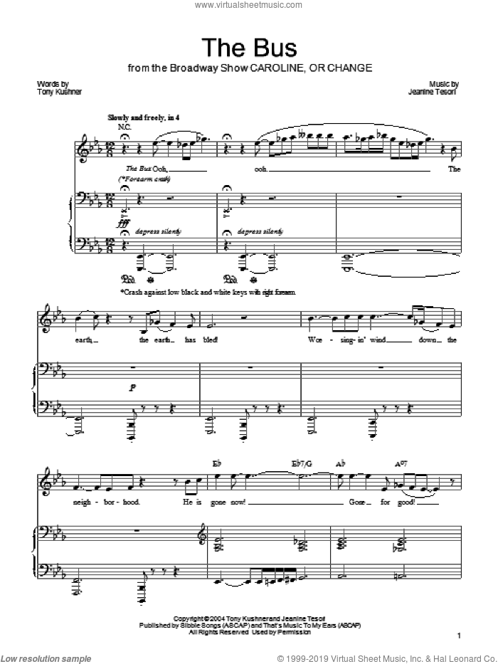The Bus sheet music for voice, piano or guitar by Jeanine Tesori and Tony Kushner, intermediate skill level