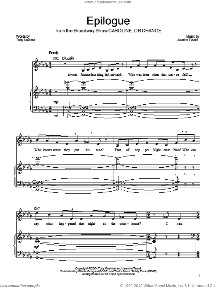 Epilogue sheet music for voice, piano or guitar by Jeanine Tesori and Tony Kushner, intermediate skill level