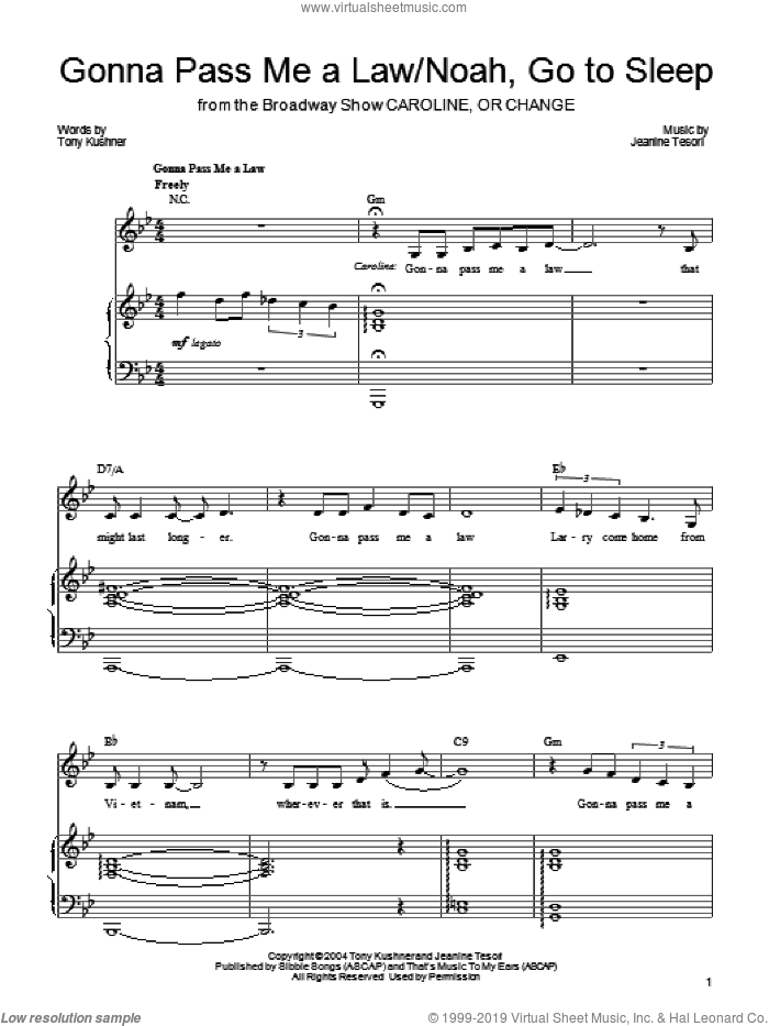 Gonna Pass Me A Law/Noah, Go To Sleep sheet music for voice, piano or guitar by Jeanine Tesori and Tony Kushner, intermediate skill level