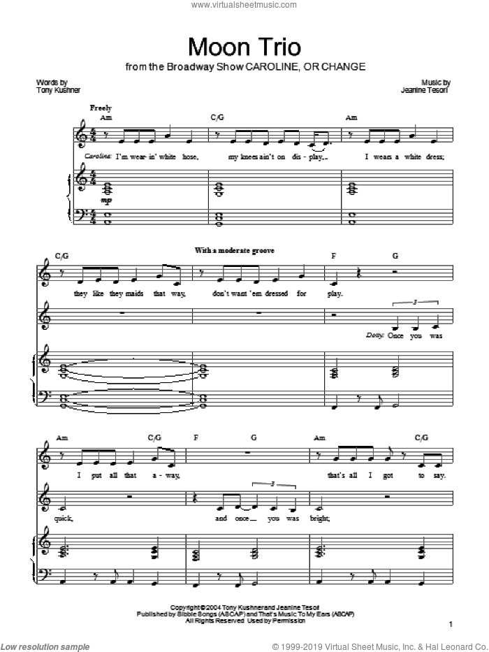 Moon Trio sheet music for voice, piano or guitar by Jeanine Tesori and Tony Kushner, intermediate skill level