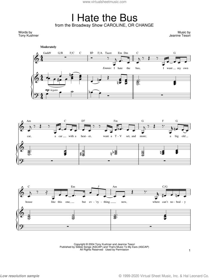 I Hate The Bus sheet music for voice, piano or guitar by Jeanine Tesori and Tony Kushner, intermediate skill level