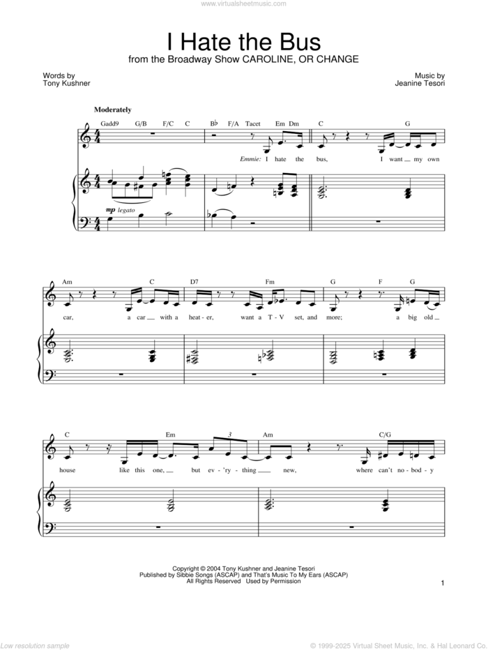 I Hate The Bus sheet music for voice, piano or guitar by Jeanine Tesori and Tony Kushner, intermediate skill level