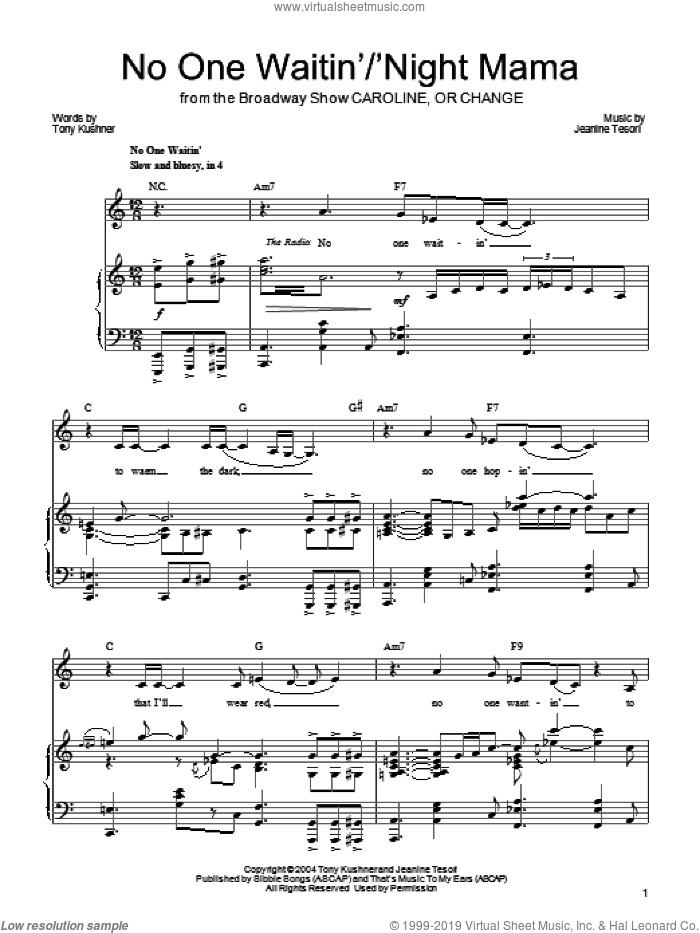 No One Waitin'/'Night Mamma sheet music for voice, piano or guitar by Jeanine Tesori and Tony Kushner, intermediate skill level