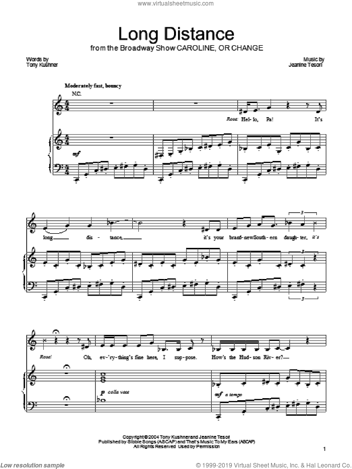 Long Distance sheet music for voice, piano or guitar by Jeanine Tesori and Tony Kushner, intermediate skill level