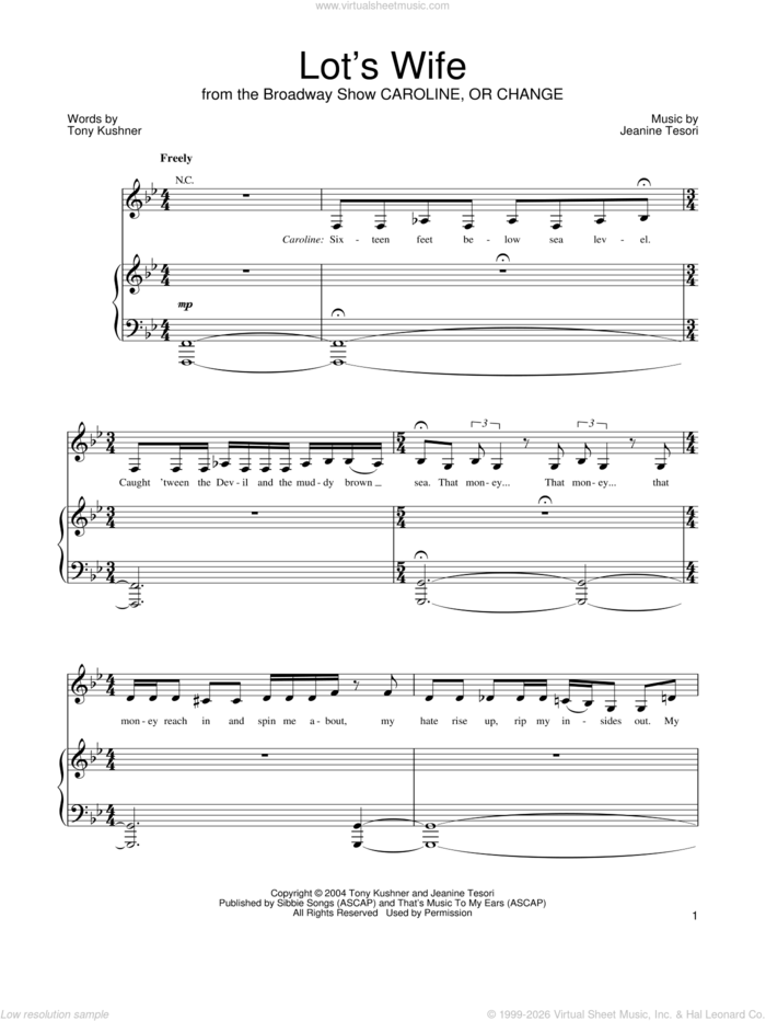 Lot's Wife sheet music for voice and piano by Jeanine Tesori and Tony Kushner, intermediate skill level
