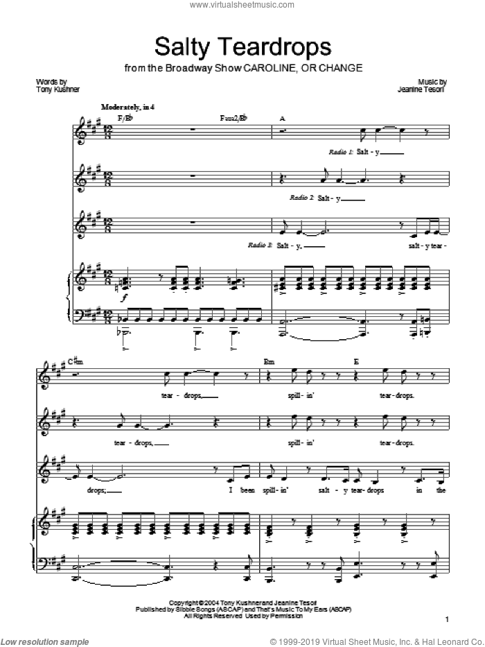 Salty Teardrops sheet music for voice, piano or guitar by Jeanine Tesori and Tony Kushner, intermediate skill level