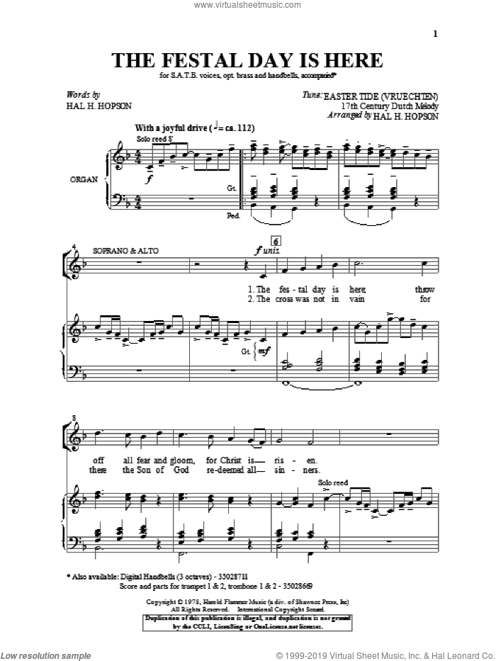 The Festal Day Is Here sheet music for choir (SATB: soprano, alto, tenor, bass) by Hal Hopson, intermediate skill level