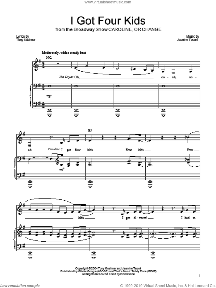 I Got Four Kids sheet music for voice, piano or guitar by Jeanine Tesori and Tony Kushner, intermediate skill level