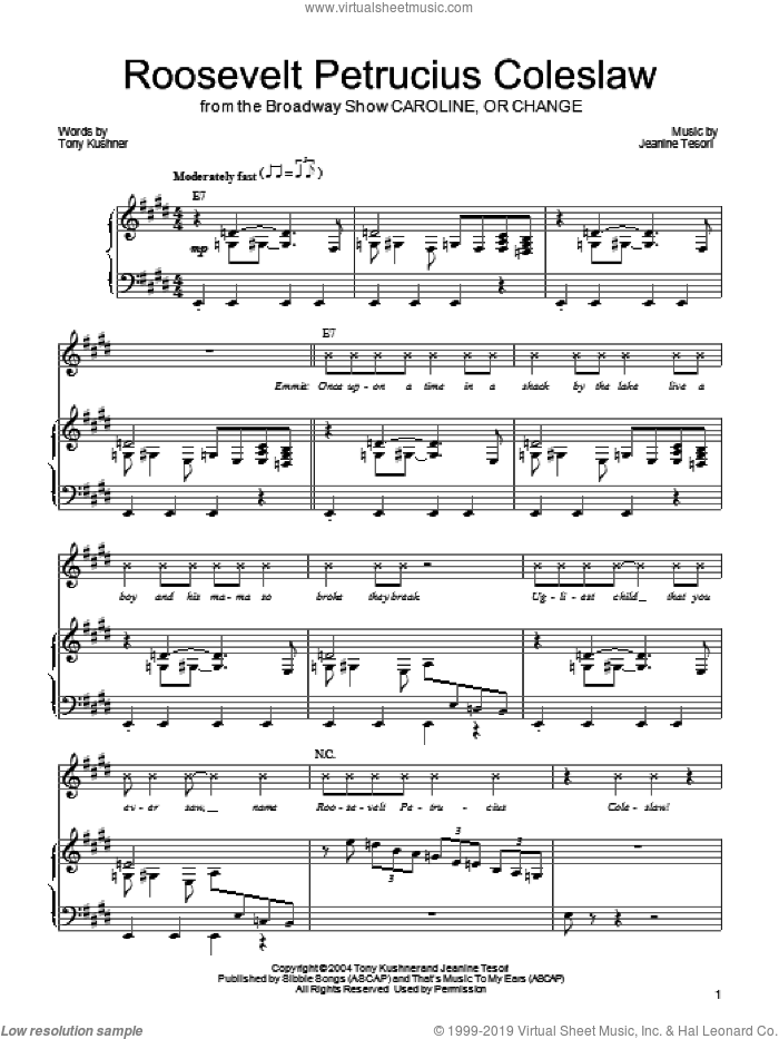 Roosevelt Petrucius Coleslaw sheet music for voice, piano or guitar by Jeanine Tesori and Tony Kushner, intermediate skill level