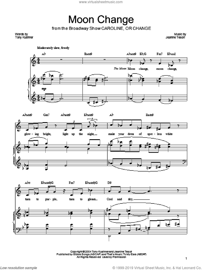 Moon Change sheet music for voice, piano or guitar by Jeanine Tesori and Tony Kushner, intermediate skill level