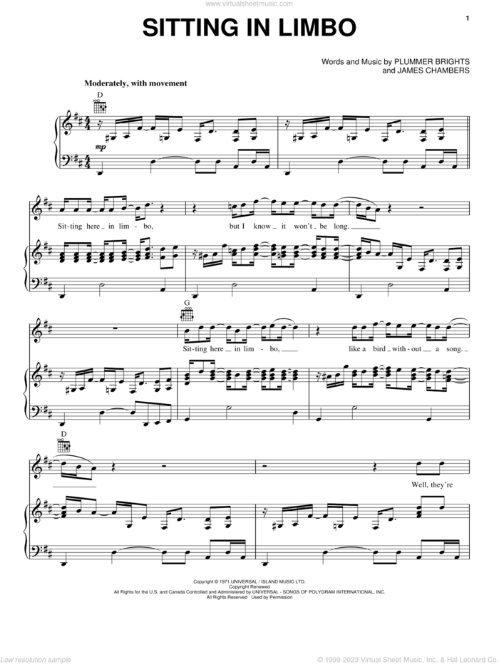 Sitting In Limbo sheet music for voice, piano or guitar by Plummer Brights and James Chambers, intermediate skill level