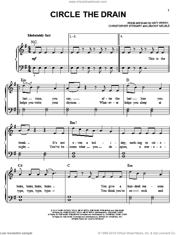 Circle The Drain sheet music for piano solo by Katy Perry, Christopher Stewart and Lamont Neuble, easy skill level
